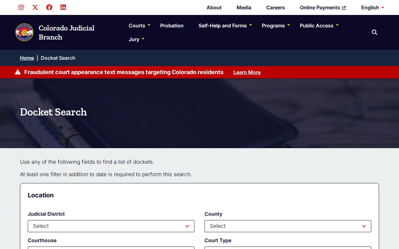 Colorado court case docket search controls