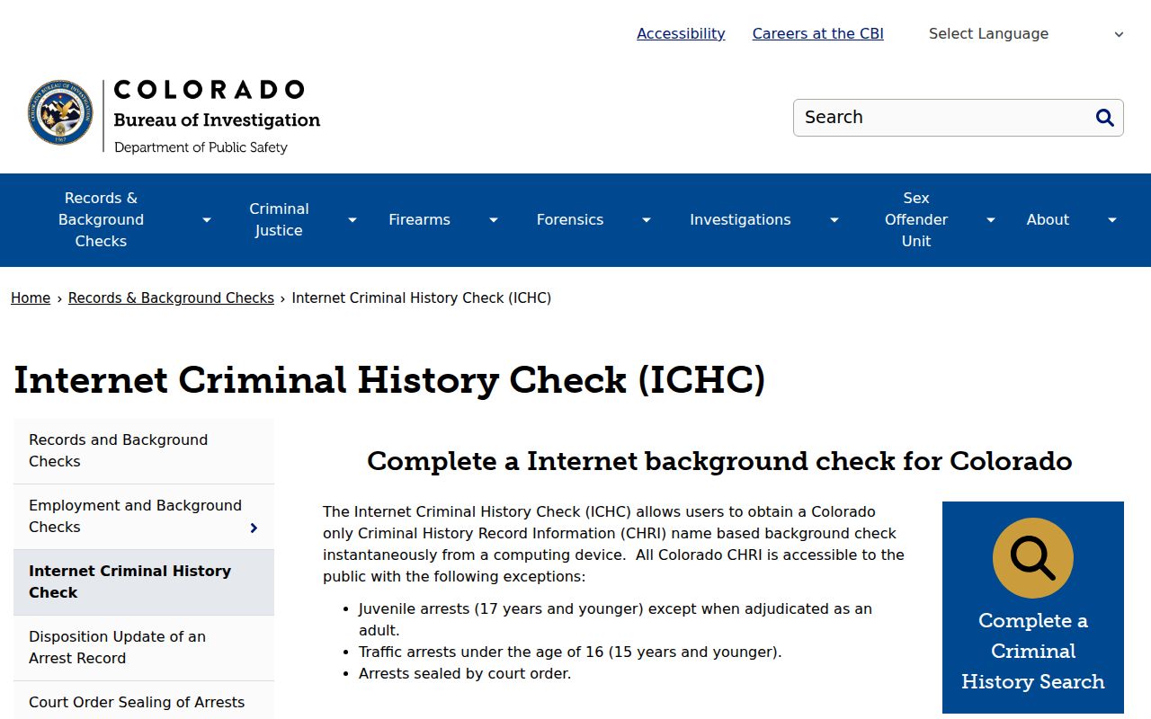 Colorado CBI Internet Criminal History Check guidance