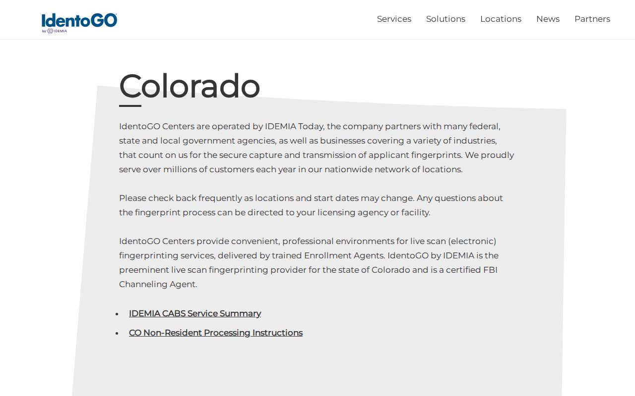 Colorado CBI approved IdentoGO fingerprint locations