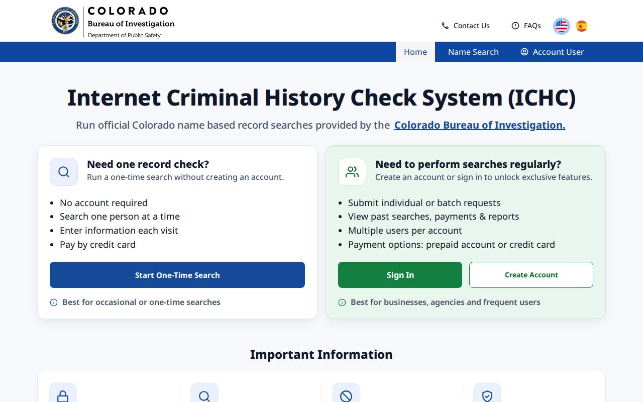 Colorado CBI ICHC criminal history search portal