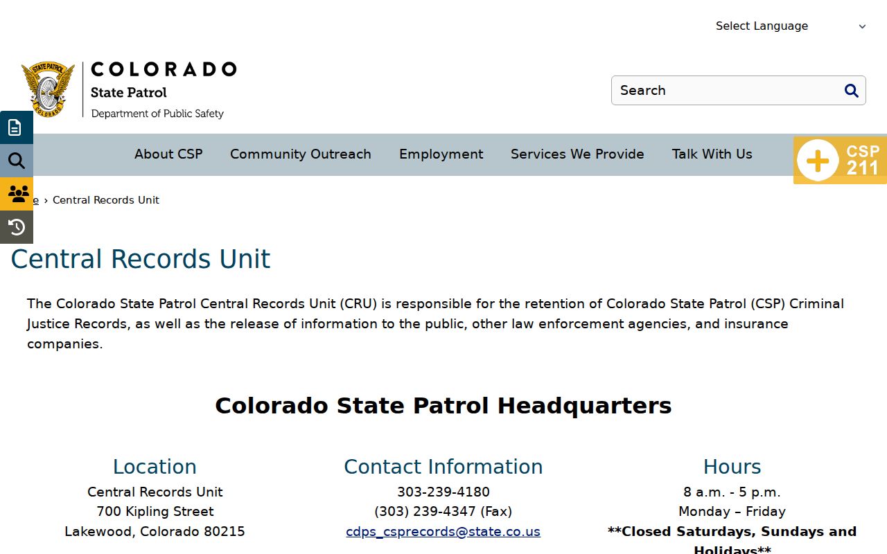 Colorado criminal incident records at the State Patrol Central Records Unit