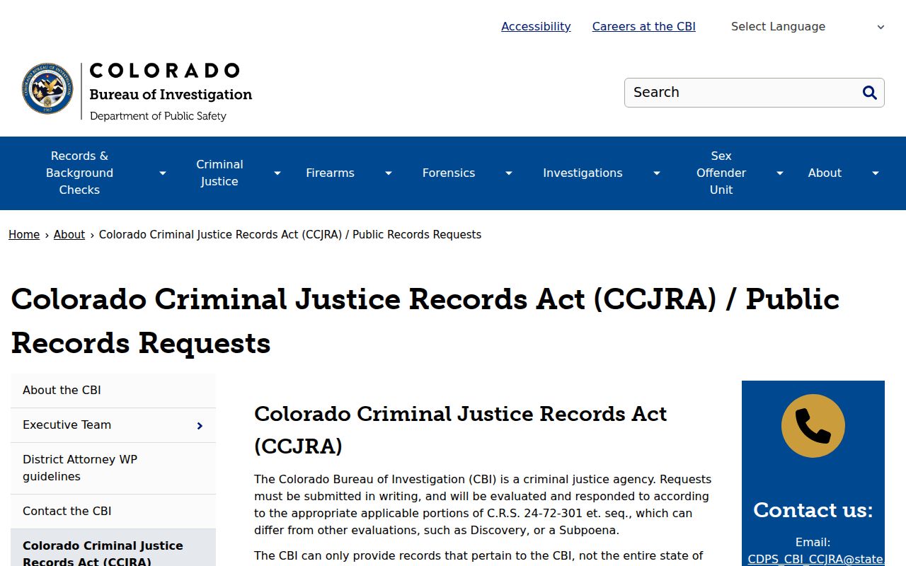 Colorado criminal justice records request page under CCJRA
